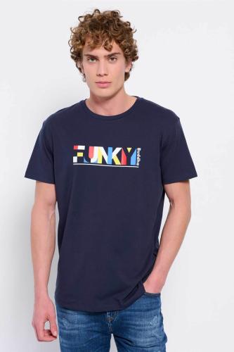 Funky Buddha ανδρικό βαμβακερό T-shirt μονόχρωμο με colorblocked logo print μπροστά - FBM007-024-04 Σκούρο Μπλε S